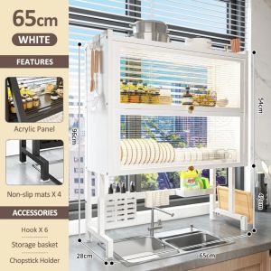 Isidoro.os Over Sink Drying Rack Dustproof Dishes Storage Rack Dish Rack Organizer with 2 Lid Cabinet
