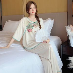 National Style High-Grade Pajamas Womens Spring and Autumn Ice Silk Thin Homewear 2024 Half Sleeve Trousers Suit ㏇L0514