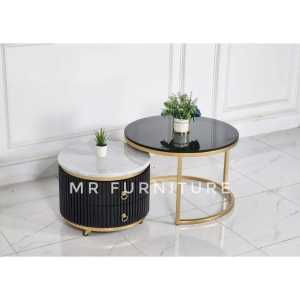 meja nesting laci dua top kaca hitam dan marmer hitam
