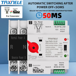 TAXNELE Din Rail 2P PV Solar or City Power ATS Dual Power Automatic Transfer Switch Electrical Selector Switches Uninterrupted Power 63A 100A 125A