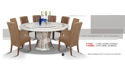 TT302 C-MJ802 1+8 Seater Round Table Grade A Marble Dining Set With High Quality Turkey Leather Cushion Chair / Dining Table / Dining Chair / Meja Makan / Kerusi Meja Makan / Buffet Makan Meja / Meja Party Makan Weekend