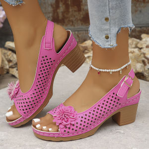 Plus Size Floral High-Heel Sandals For Women 2026 Summer New Fashion Chunky Heel Buckle Strap Sandals For Women