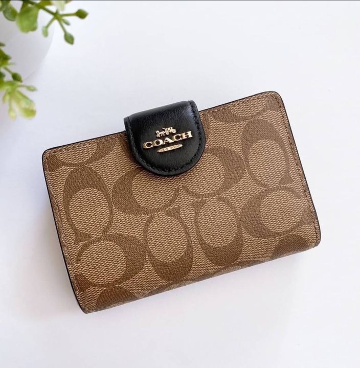 Original Coach Medium Corner Zip Women s Wallet In Signature Canvas C0082 Khaki Black Lazada PH