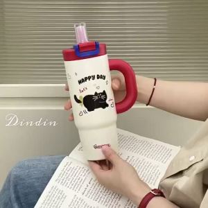 【Ucocolla】800ml Cute Vacuum Tumbler Hot and Cold With Straw Handle 316 Stainless Steel Water Bottle