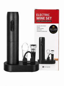 Electric Wine Set Open Serve Preserve Black Cylindrical Wine Opener Corkscrew Wine Pourer Wine Stopper Charging Base Rechargeable