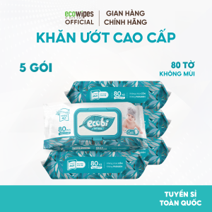 Combo 05 gói khăn ướt cao cấp an toàn cho bé Ecobi EcoWipes gói 80 tờ không mùi không cồn không paraben