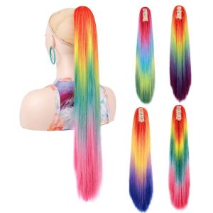 IVAOU Rainbow Ponytail Hair Extension Ombre Color Colorful Long Straight Ponytails Heat Resistant Fiber Clip On Pony Tail Hairpiece for Women