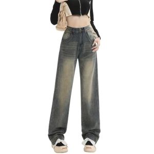 Sun Kissed #2008 กางเกงยีนแฟชั่นผู้หญิง กางเกงยีนส์ กาเกงยืน ยีนส์ขายาวเอวสูง สายฝอ กางเกงยีนสีฟอกสนิม ทรงขากระบอก เอวสูง