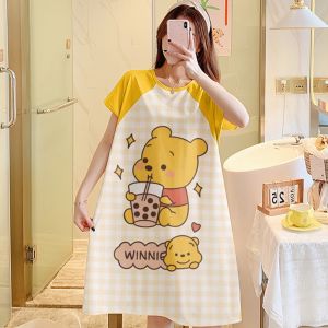 ชุดนอนกระโปรง เนื้อผ้านุ่ม คุณภาพสูง ลายการ์ตูนน่ารัก ผ้าคอตตอน กระโปรงแขนสั้น