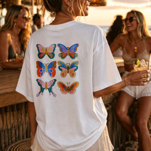 [Local Stock] HBESTY  Colorful Butterflies Six Symmetrical Pattern Short Sleeve Crew Neck Relaxed Fit T Shirt Casual Summer Top High Quality Cotton