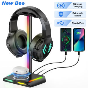 New Bee Z12 RGB Headphone Stand with Wireless Charging and 2 TYPE-C & 1 USB Charging Ports Desk Gaming Headset Holder with 7 Light Modes and Non-Slip Rubber Base Suitable for All Headphone