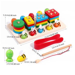 Montessori Wooden Fishing Clip Bee 3 In 1 Pillars Early Education Hand Eye Coordination Color Recognition Interactive Baby Toys