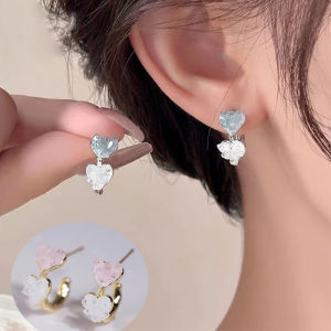 Fashionable Ring Gift 925银针拼色水晶爱心C形设计耳钉耳环轻奢甜美气质双色百搭耳饰品