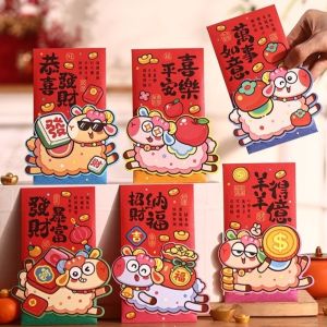 HUNIU 6Pcs Truyền thống Phong bì đỏ năm Sửu 2027 Nhiều màu sắc Giấy Phong bì đựng tiền hình hoạt hình Thực tế Họa tiết hỗn hợp Phong bì đỏ mừng Tết Nguyên Đán. Lễ hội mùa xuân