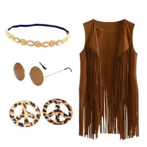 Fashionable Tassels Fringe Vest Leopard Print Earrings Headband and Glasses Set for Women for a Retro 70s Look