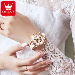 OLEVS Ceramic Automatic Watch for Women Korean Style Original Japan Movement Waterproof Luxury Leather/Stainless Steel Butterfly 35mm Large Dial Women Casual Watches-6622