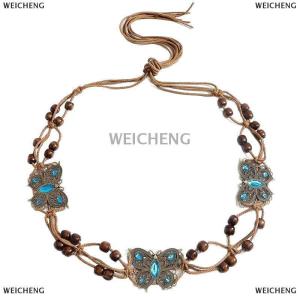 [COD] WEICHENG Bohemian Style Butterfly Water Diamond Woven Ethnic Style Handmade Wooden Bead Womens Belt Casual Vacation Style Waist Rope