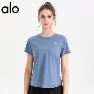 ALO- เสื้อโยคะผู้หญิงแห้งเร็วยืดหลวมกีฬาแขนสั้นวิ่งเจาะรูเสื้อออกกำลังกายสำหรับออกกำลังกาย T เสื้อ  Al0-yoga