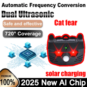 Solar-Powered Cat Repellent 120° Ultrasonic Coverage + Red Light Deterrence Auto-Detection 8m IR Sensor Variable Frequency Waves AR01 Enhanced