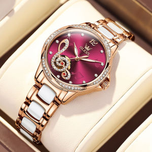 OLEVS 6656 Mechanical Women Fashion Watch Gift Genuine Leather Watchband Round-dial Wristwatch Luminous