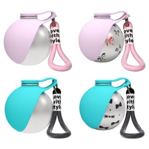 304 Stainless Steel Water Kettle Round Outdoor Water Cup With Lanyard Hook Foldable Silicone Dog Bowl Portable Travel Pet Feedin