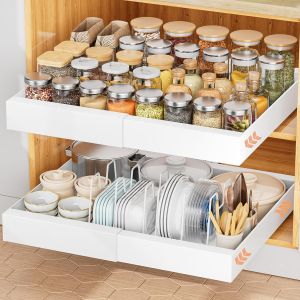 Pull Out Cabinet Organizer Expandable Adhesive Slide Out Drawers for Cabinets in Kitchen Pantry and Bathroom