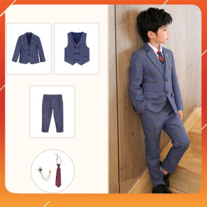 Bộ vest bé trai cao cấp kẻ vải dạ mịn cho bé đi tiệc TQB164 gồm 3 chi tiết (áo ghile + áo vest + quần tây) tặng cavat