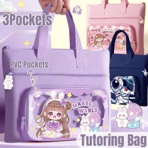 Portable Tutoring Bag for Kids Book Bag with Zipper for School PVC Front Pockets Waterproof Student Horizontal Handbag