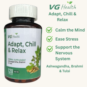 VG Health – Adapt Chill & Relax with Ashwagandha Brahmi & Tulsi | 120 Capsules | 500mg Each