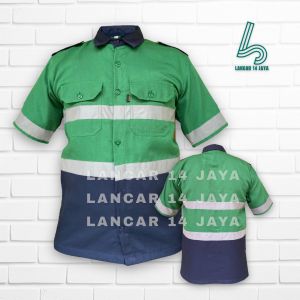 Kemeja Safety K3 / Baju Proyek Tambang / Wearpack Kerja / Seragam Lapangan Kombinasi Biru Navy Pakai Skotlight Terbaru