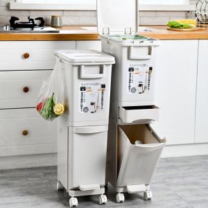 ❤Quick delivery+COD❤ Kitchen Trash Can Garbage Bin Japanese style Dry And Wet Separation Garbage Sorting Trash Can Movable with Universal Wheel with Double Lid Food Pedal 2 Layers and 4 Compartment Home & Living Cleaning Equipment