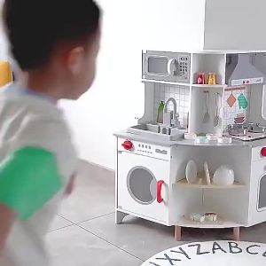 Big Wooden Kitchen Set Toy with Lights Sounds and Real Water Sink for Kids