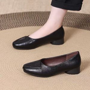 Free Shipping Non-Slip Comfortable Square-Toe Shallow-Mouth Flats For Moms New Soft Leather Spring/Autumn Shoes Retro WomenS Shoes Fashionable And Trendy