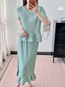 KESHANGYI 2026 Summer Beautiful Sweet Small Set Miyake Wind Lotus Leaf Edge Short Sleeve Top Temperament Folded Half Skirt Womens Wear