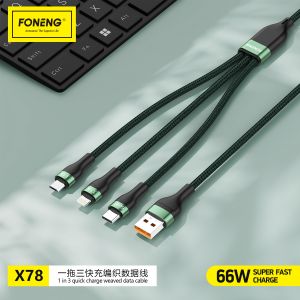 3 In 1 66W Metal Braided Weaved Data Cable - Quick Charge Fast Charging Speed High Super QC Tranmission Samsung Vivo Oppo Xiaomi Huawei VOOC Micro USB Lighting Type C 3.1A Safe Durable Smart