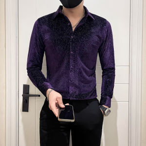 Luxury Velvet Mens Long-sleeved Shirt for Fall/Winter 2026 Suitable for Young Nightclubs and Party Dress Shirts.