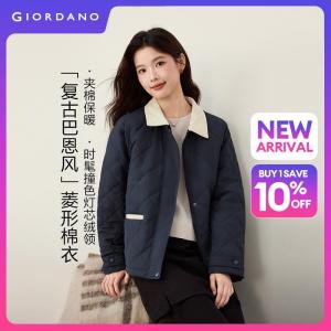 GIORDANO Women Jackets Corduroy Collar Quilted Jackets Zip Front Raglan Sleeve Fashionable Casual Relaxed Jackets 05376700