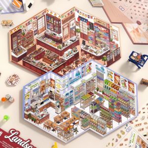INTOONE Convenience Store Series Miniature Landscape Sticker PET DIY Cabin Scene Sticker Gift Toy Game Stickers