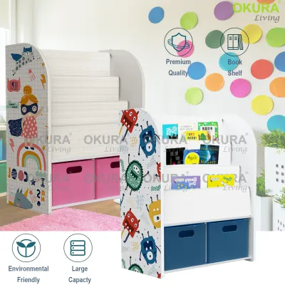 OKURA Children Kids Study Furniture 3 Layers Cartoon Rack Bookshelf/Book Rack Shelf Holder With Storage Box Rak Buku