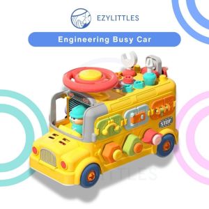 EZYLITTTLES 6in1 Engineering Busy Car Toy for Kids Tools Steering Wheel Lock Puzzle Gear Driver STEM Montessori Toy Indoor Construction Activity Bus with 75 Pieces Hands On Play for 3 Years Old Boys and Girls