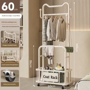 Floor Standing Coat Rack Cat Ear Double Pole 60/80cm Rak Baju With Wheels Hooks Storage Organizer For Bedroom Entryway