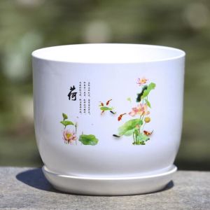 EUYRT With Tray Plastic Flower Pot White Extra Large Imitation Porcelain Hydroponic Pots Round PP Resin Flower Pot Indoor Flowers
