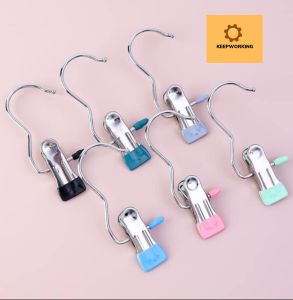 Keep Working Storage Clip With Hook/ Balcony Laundry Drying Windproof Clip 1pcs Portable Colorful Stainless Steel Anti-slip Clip/ Closet Space Saving