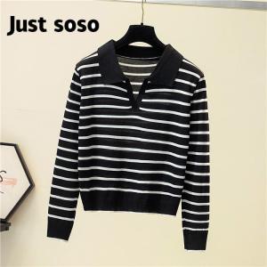 Striped Knitted Sweater Long Sleeve T-shirt Womens Autumn/Winter Polo Collar Versatile Casual Top