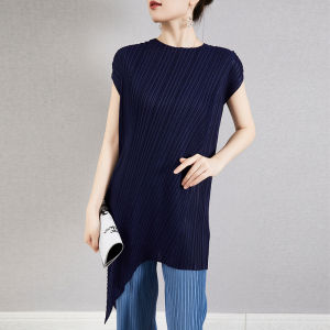 Pleated Design Loose Blouse Womens Classic Mid-Length Irregular Solid Color Round Neck 83043