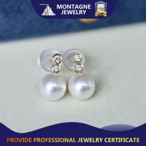 Montagne Jewelry 18k Pure Gold Earrings Natural Diamond earring Inset Fine Jewellery Natural 7.5-8mm Akoya Pearl Earrings Stud Earring