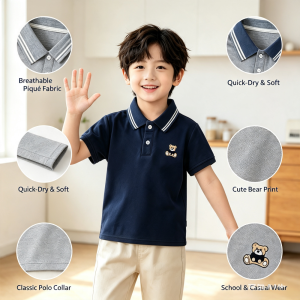 AILEBE Kids Tshirt Piqué   Shirt With Cute Little Bear Print Breathable Quick-Dry Summer Top Durable Fade-Resistant Easy Care Classic Button Placket School Casual Wear Boys Girls 3-12 Years