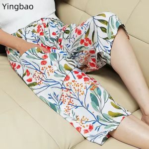 Yingbao Sleeping Elastic Waist Short Pants for women Summer Cotton Silk Floral Print Cropped pants Thin Loose Ladies Straight Homewear with Pockets