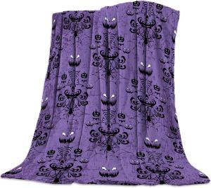 Funy Decor Halloween Haunted Mansion Blankets Purple Super Soft Warm Cozy Flannel Throw Blanket Bed Grinning Ghosts Design Decorative for Sofa Couch Chair Living Bedroom 40 x 50 Inches