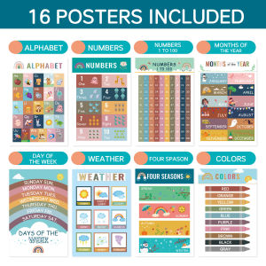 16Pcs Kids Early Education Poster - Bohemian Style  Childrens Wall Chart for Toddler English Enlightenment 儿童早教挂图波西米亚风格墙贴装饰画幼儿英语启蒙教育海报